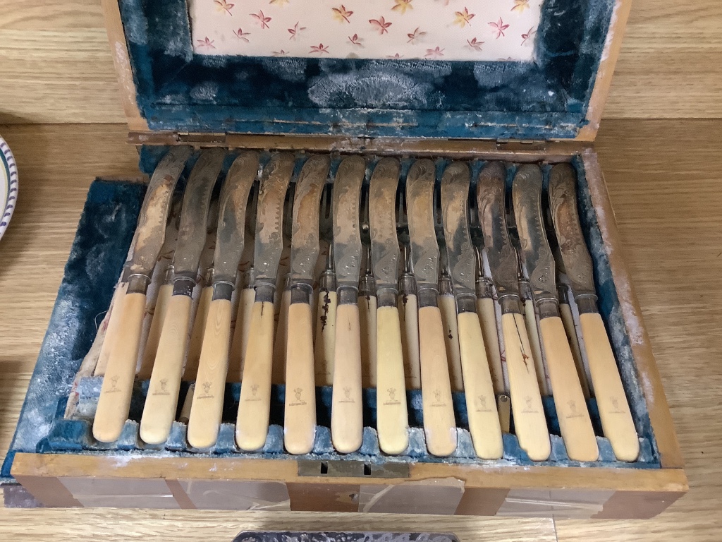 A plated tray, a salver and a cased set of fish eaters